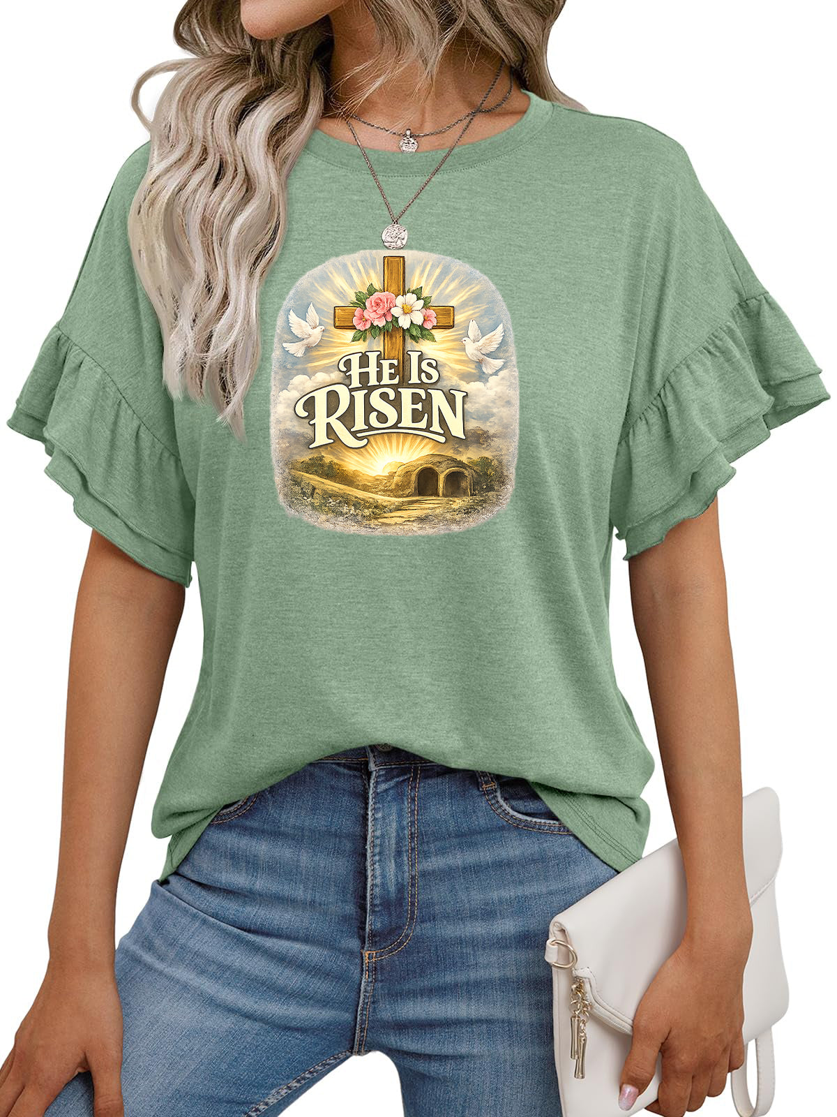 Easter He Is Risen Graphic Ruffle Sleeve Cotton T Shirt