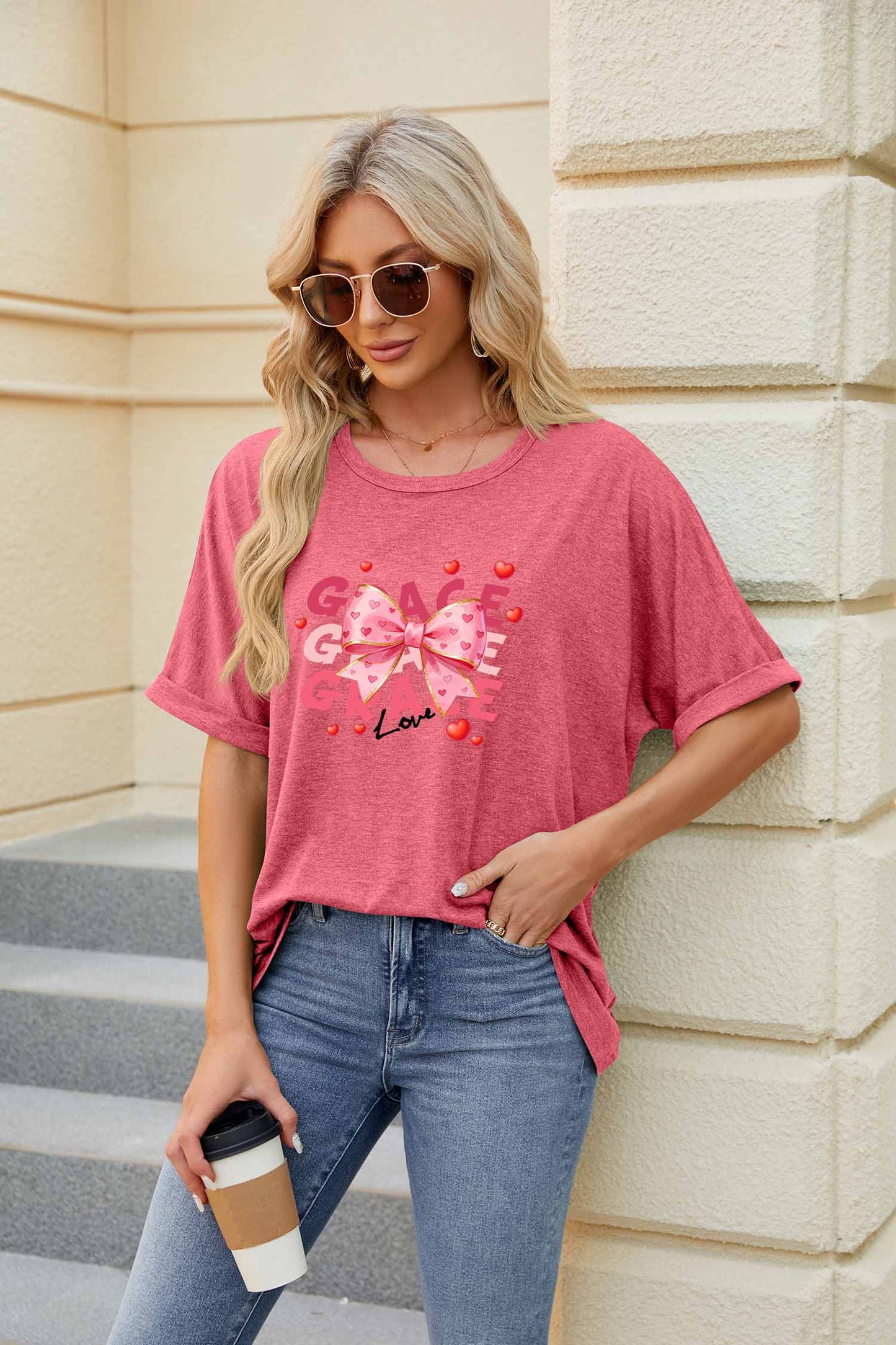 Valentine's Day Pink Bow Heart Graphic Casual Tee