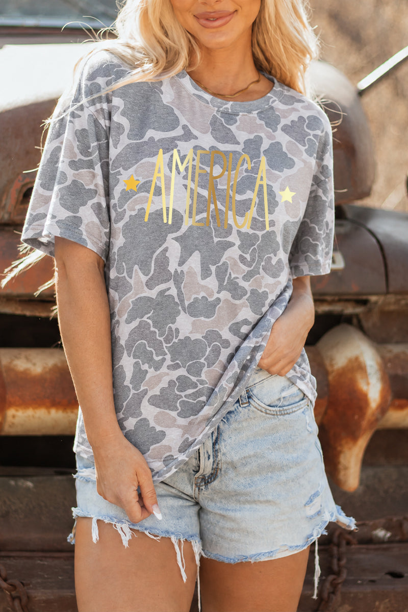 Camo America Graphic Patriotic T Shirt Summer Top