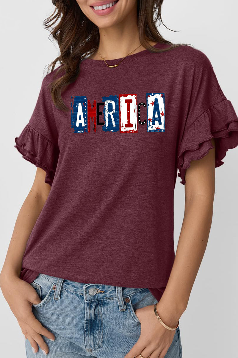 America Graphic Ruffle Sleeve Tee Patriotic Holiday Top