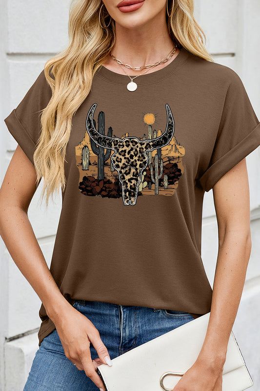 Leopard Bull Skull Graphic Tee Western Cowgirl Shirt