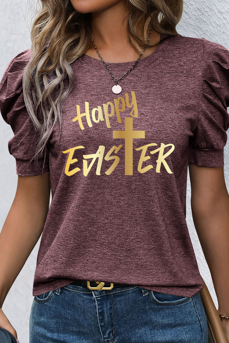 Easter Gold Foil Happy Easter Bubble Sleeve Graphic Tee