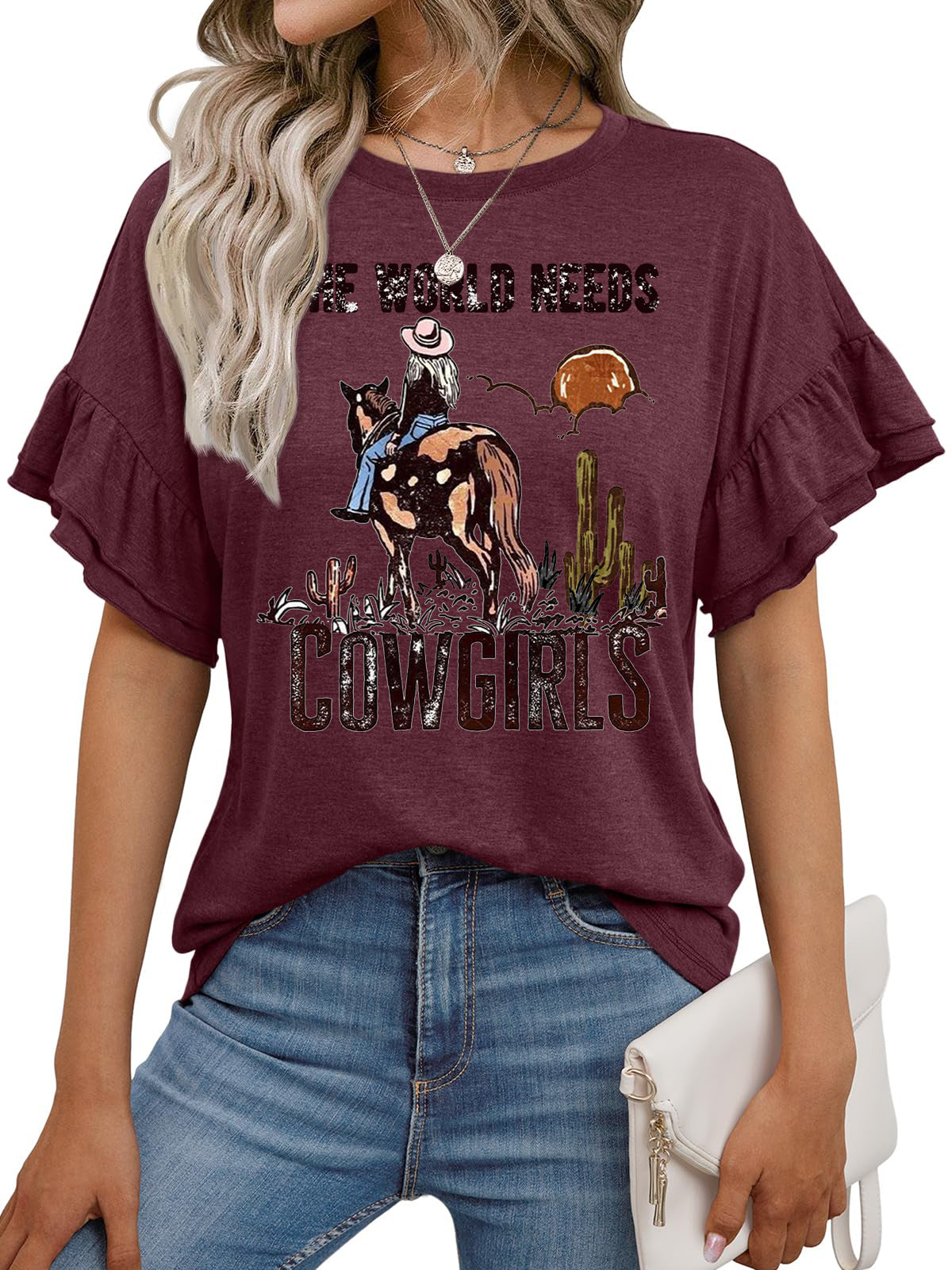 Vintage Cowgirl Graphic Ruffle Sleeve Western Tee