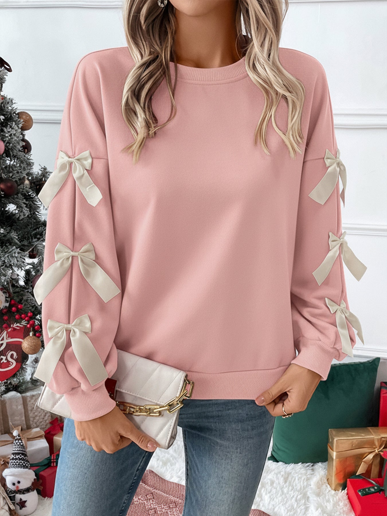 Crew Neck Pullover Top 3D Bowknot Trim Loose Sweatshirts