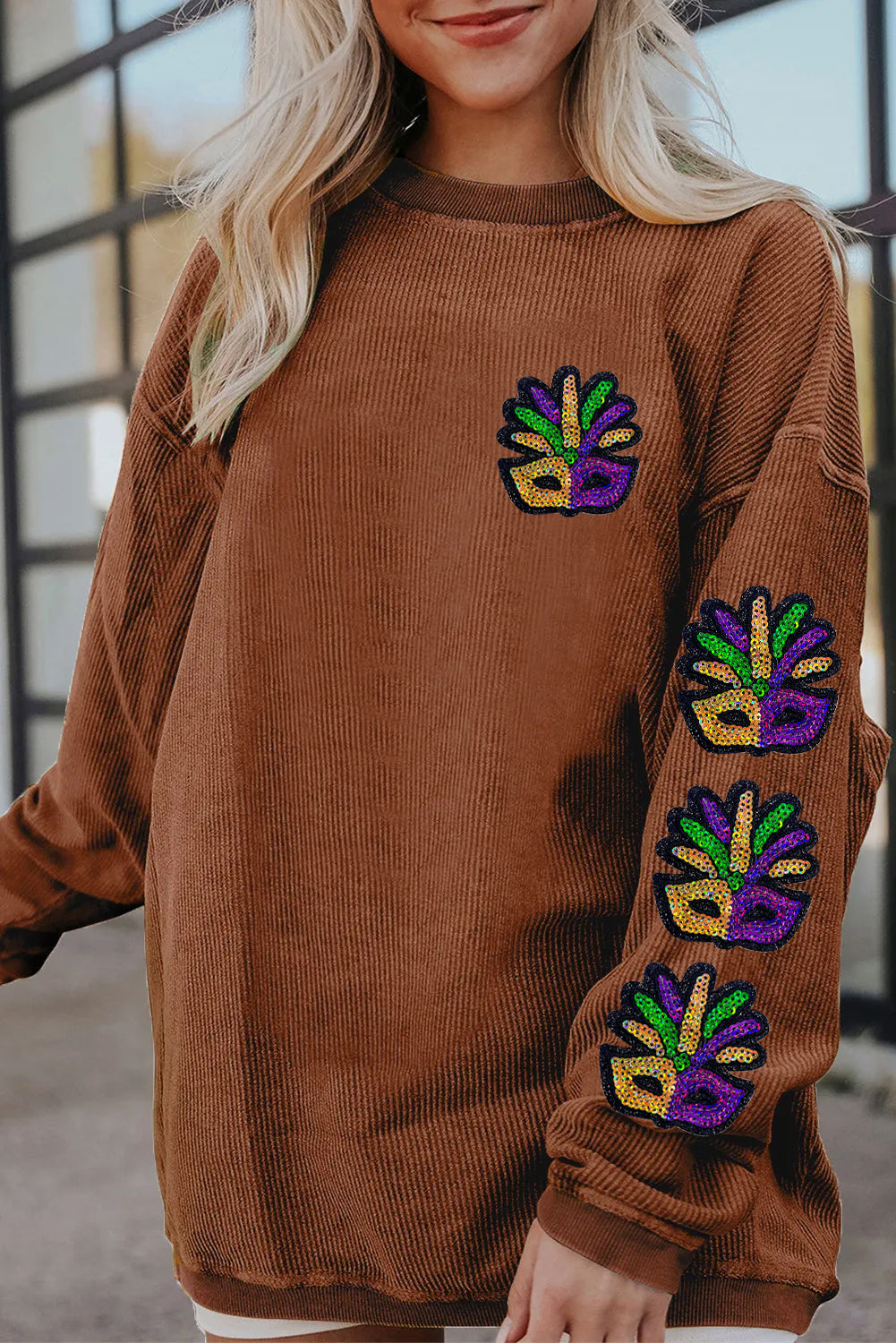 Mardi Gras Mask Patch Sleeve Detail Casual Sweatshirt