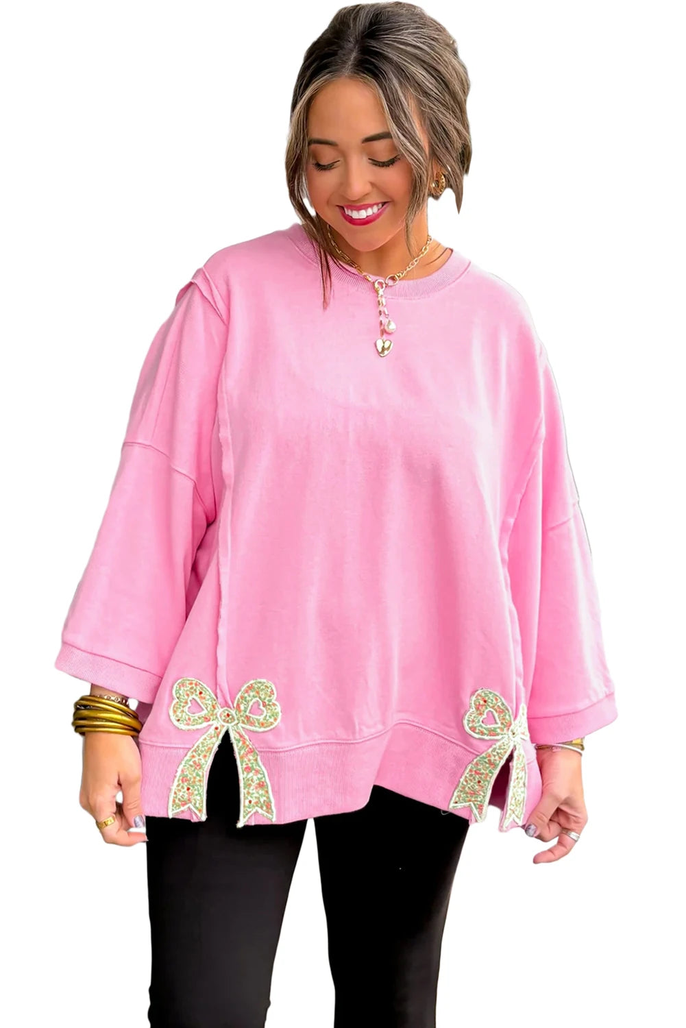 Pink Floral Bow Patched Exposed Seam Patchwork Slit Baggy Sweatshirt