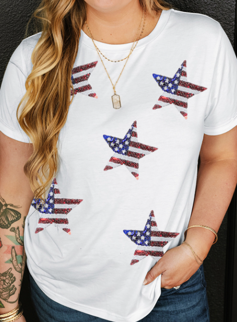 White Sequin American Flag Star Pattern Plus Size Tee