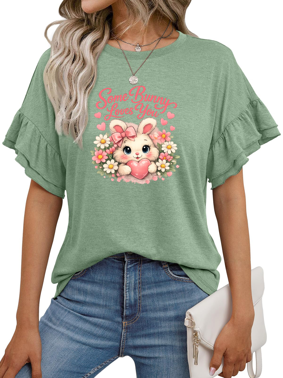 Easter Bunny Ruffle Sleeve Graphic Cotton Tee