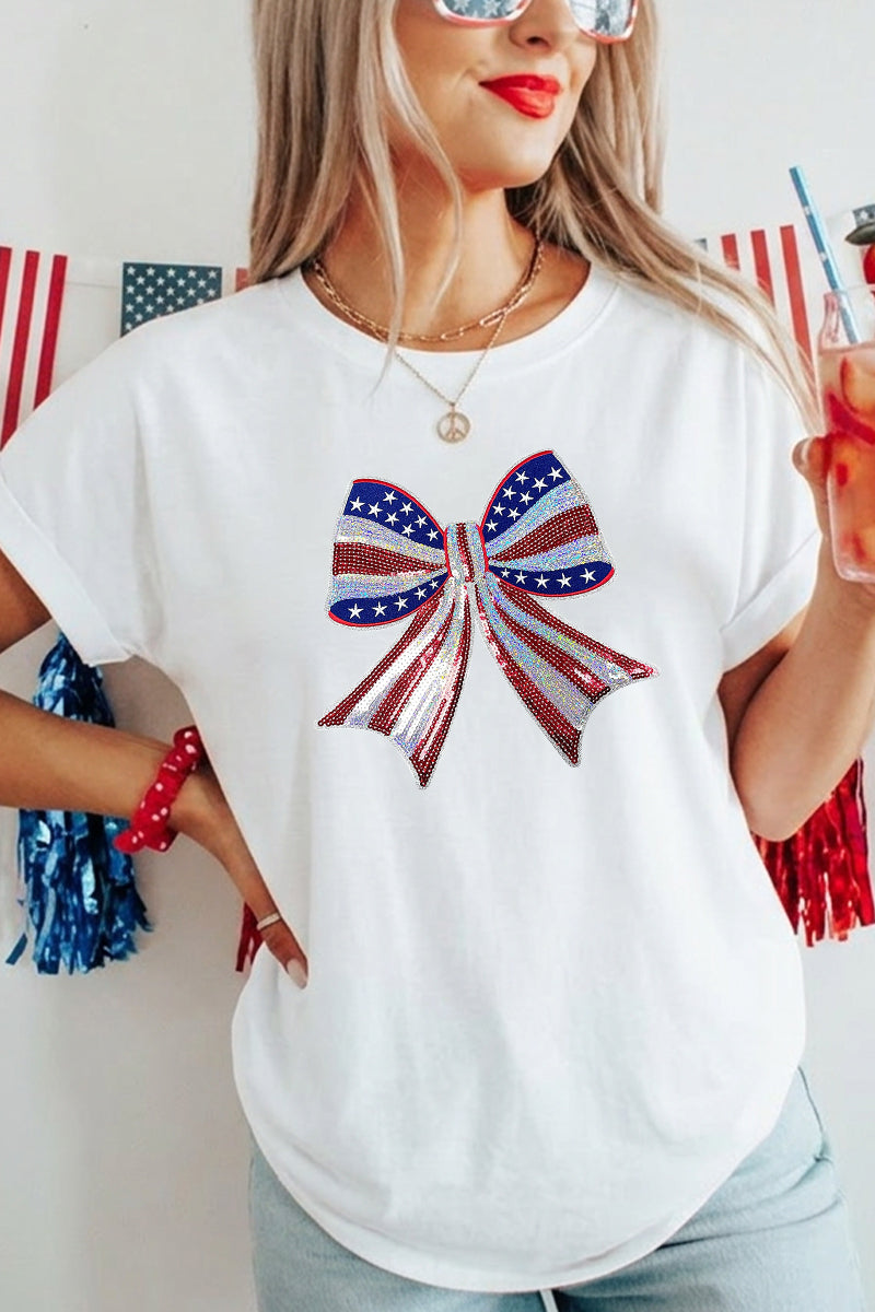 4th of July Bow Graphic Tee Women Patriotic Top
