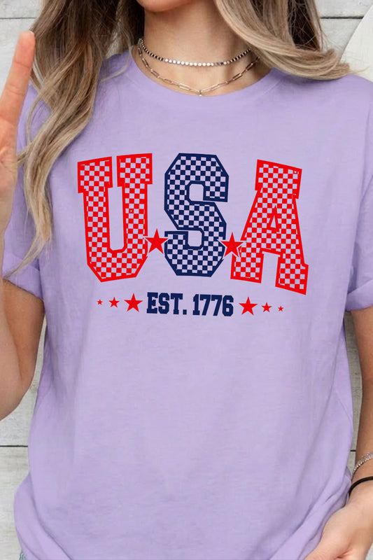 Fourth of July USA Letter Graphic Tee for Women