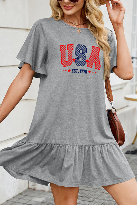 Patriotic Graphic Dress Ruffle Hem USA Casual Mini