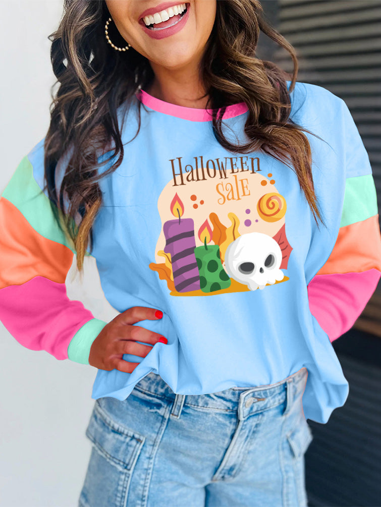 Halloween Sale Skull Candle Color Block Long Sleeve Tee