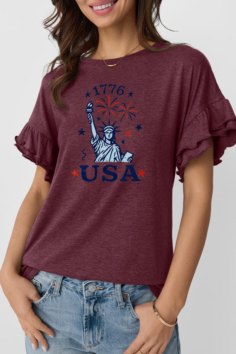 Patriotic Cotton Tee USA Graphic Ruffle Sleeve Top