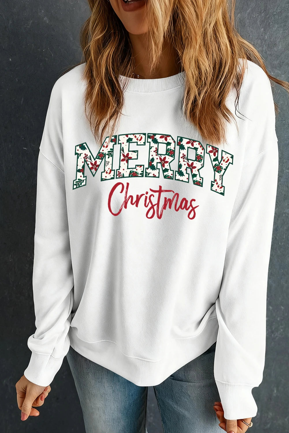 White Merry Christmas Cotton Blend Custom Graphic Sweatshirt