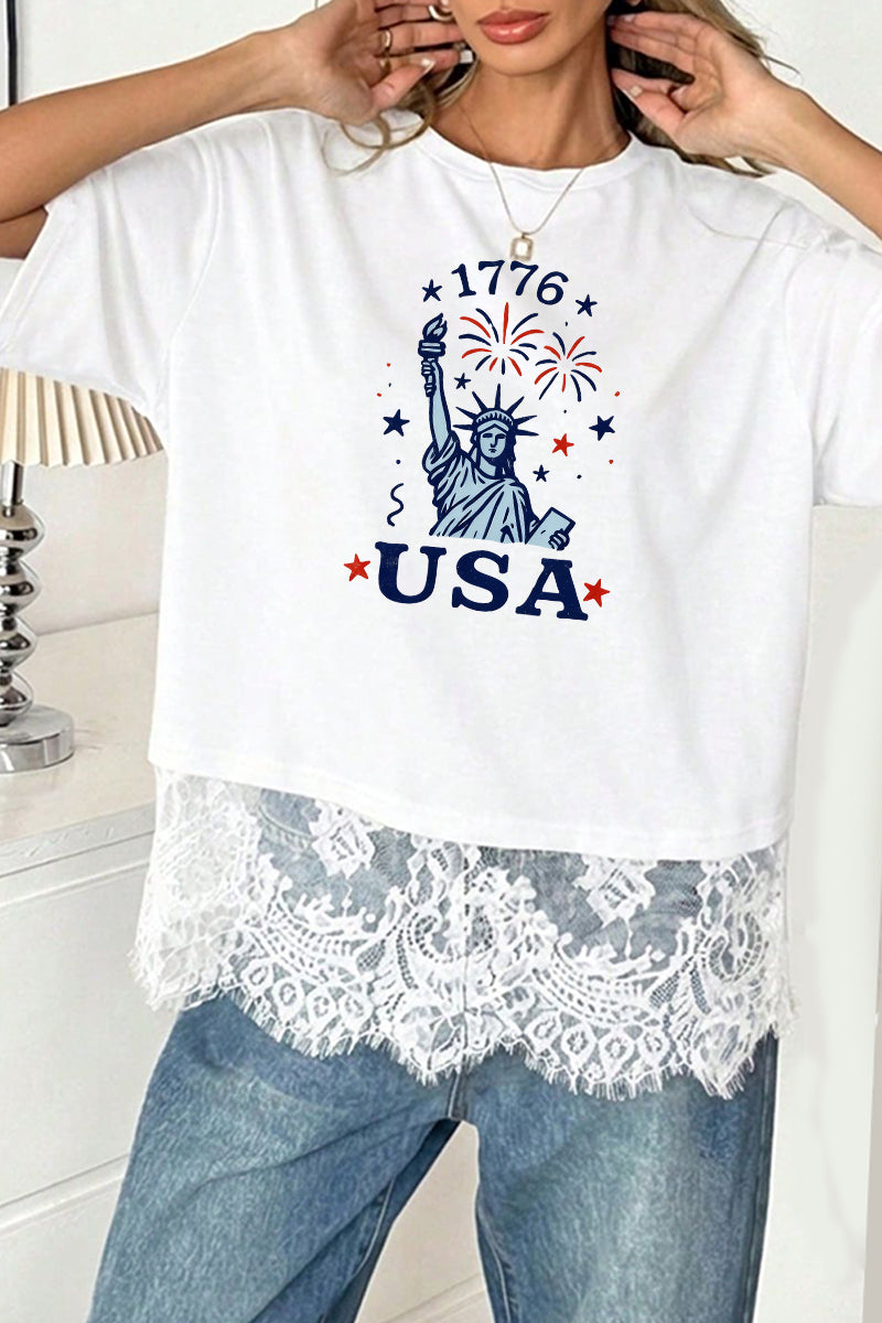 USA Graphic Tee Lace Hem Patriotic Independence Day