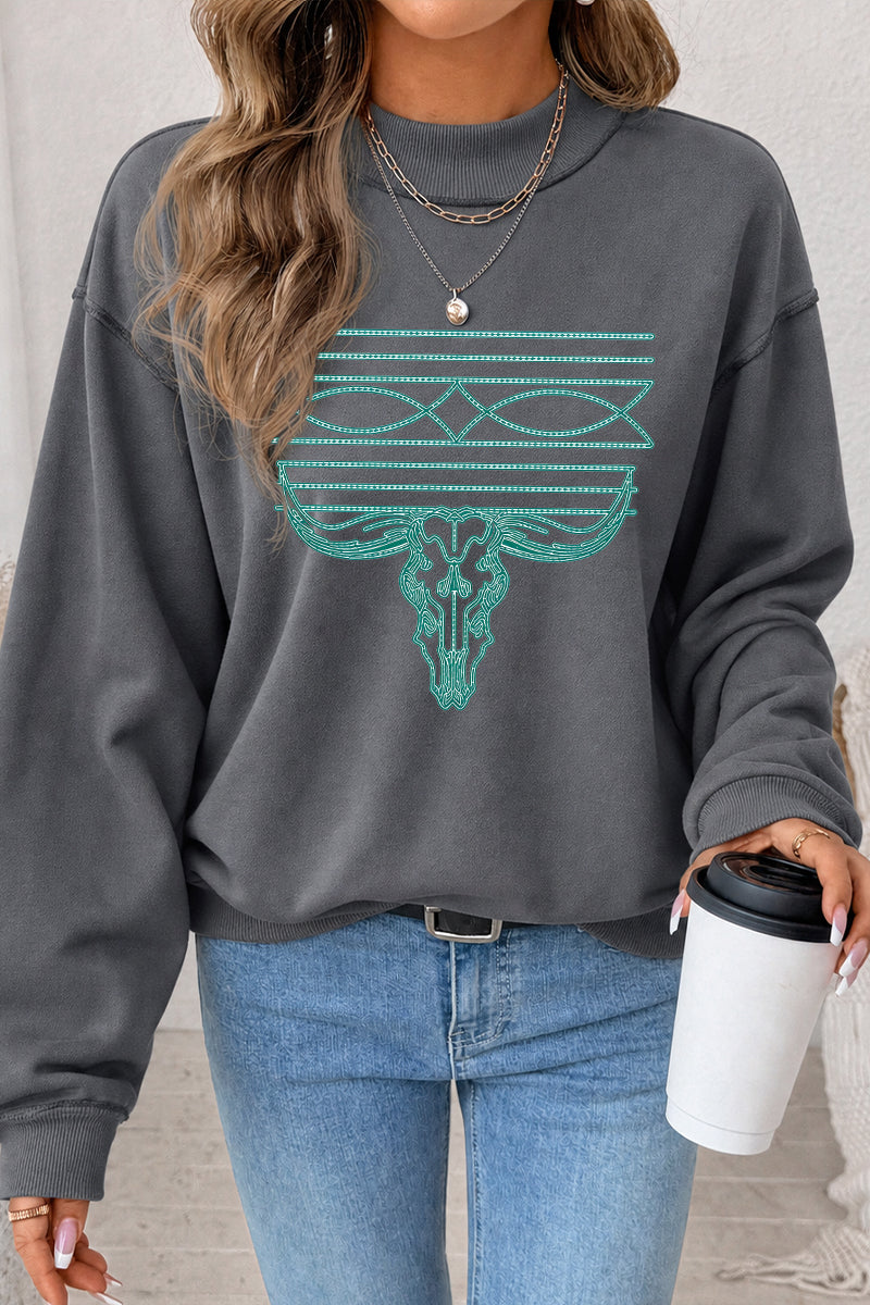 Western Bull Skull Graphic Mock Neck Sweatshirt