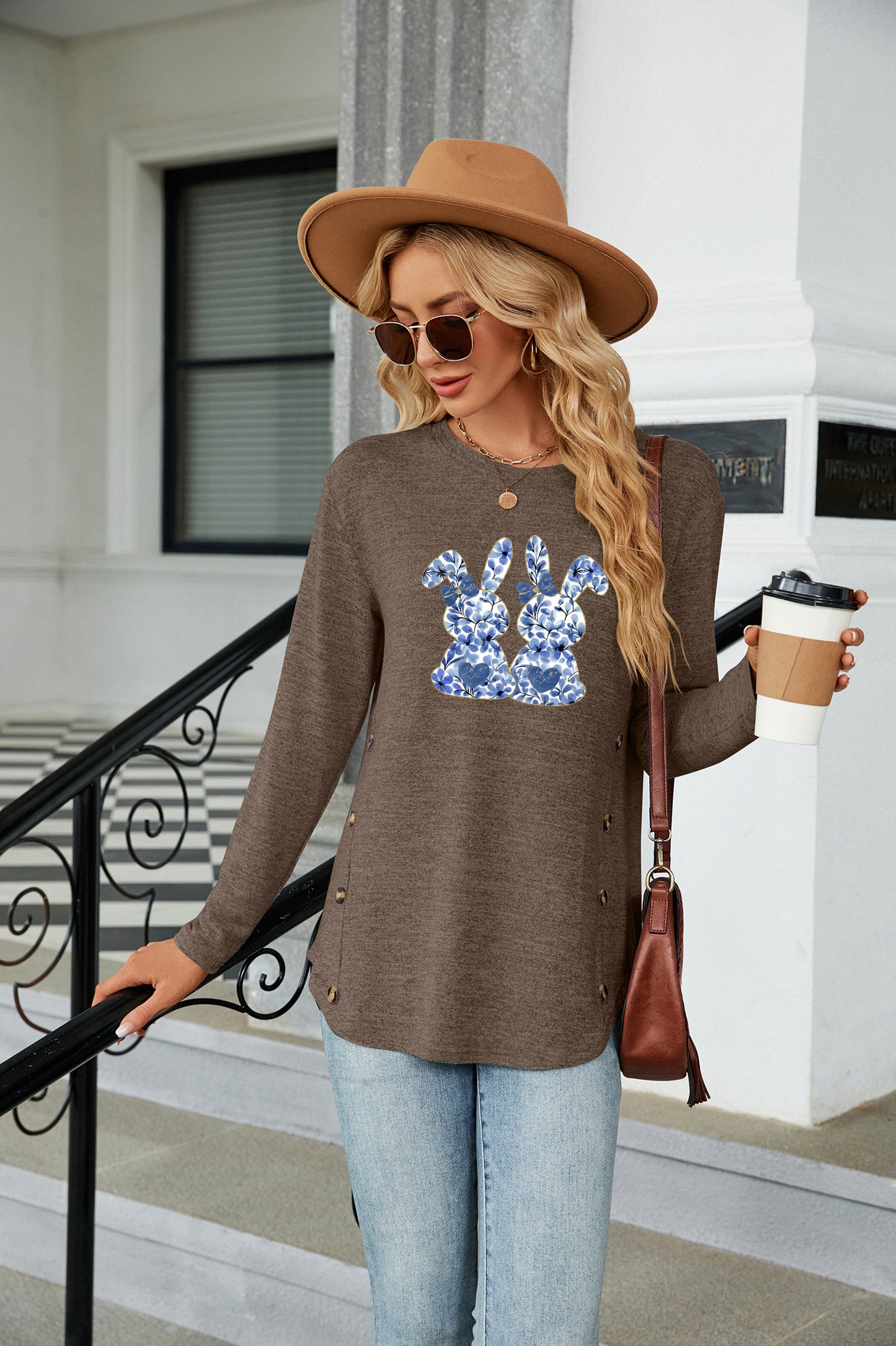 Cute Easter Bunny Graphic Crewneck Long Sleeve Top