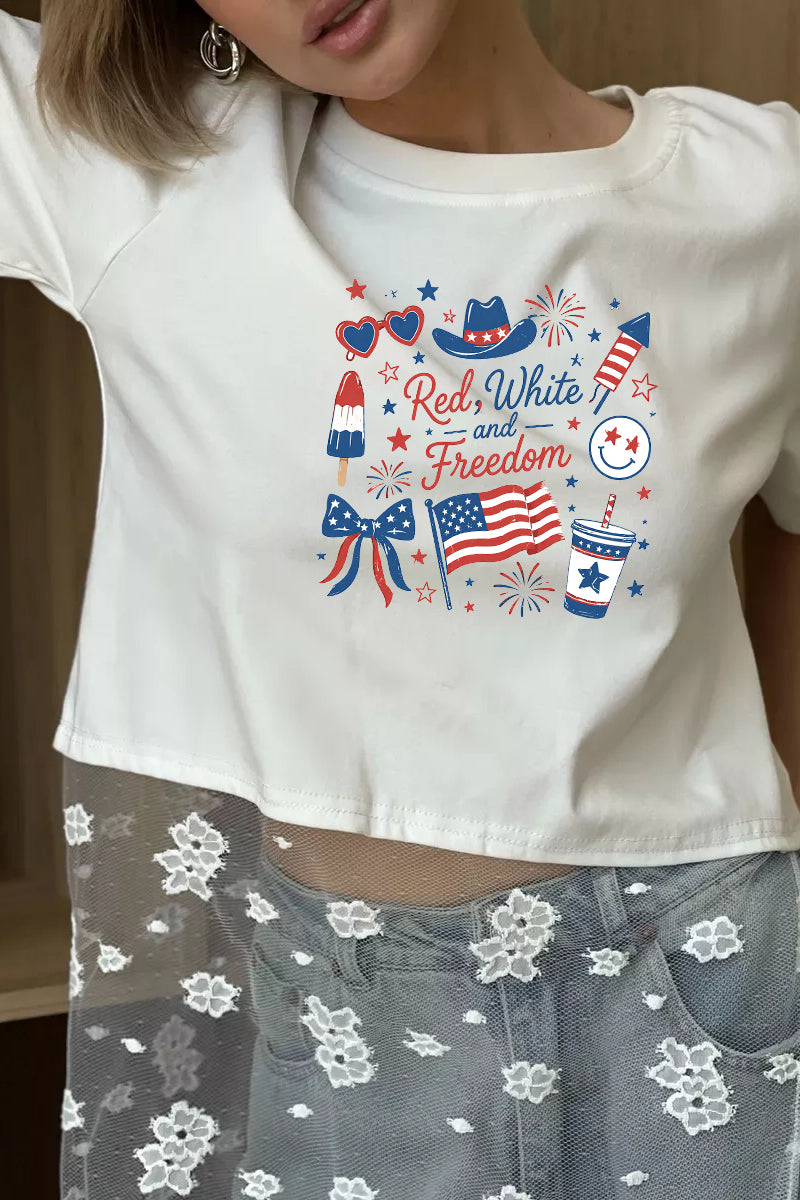 Patriotic Graphic Tee Lace Patchwork Freedom Top