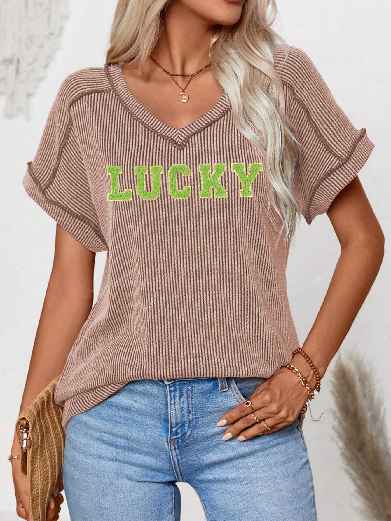 St Patricks Day Lucky V Neck Graphic T-Shirt