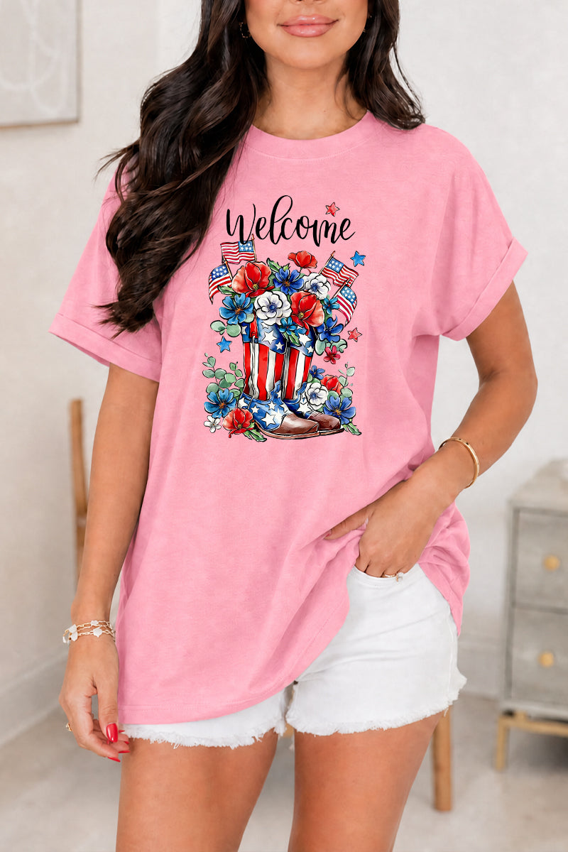 Patriotic Floral Boots Welcome America Graphic Tee
