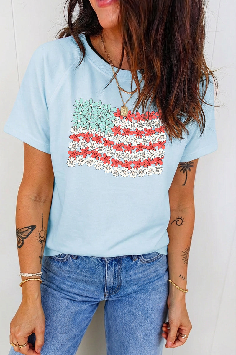 4th of July Floral American Flag Patriotic Tee