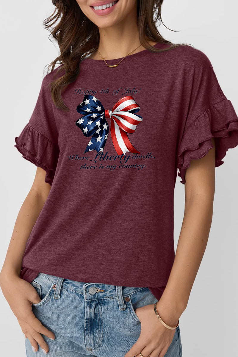 Patriotic Bow Graphic Tee Ruffle Sleeve Top
