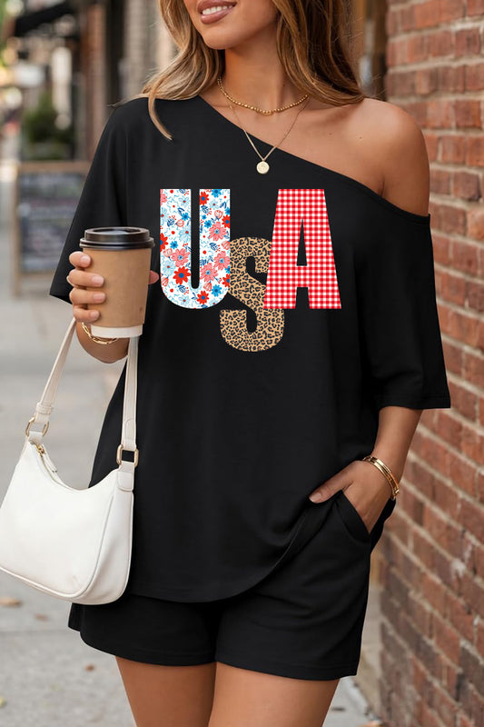 USA Graphic Off Shoulder Short Sleeve Summer Top Set