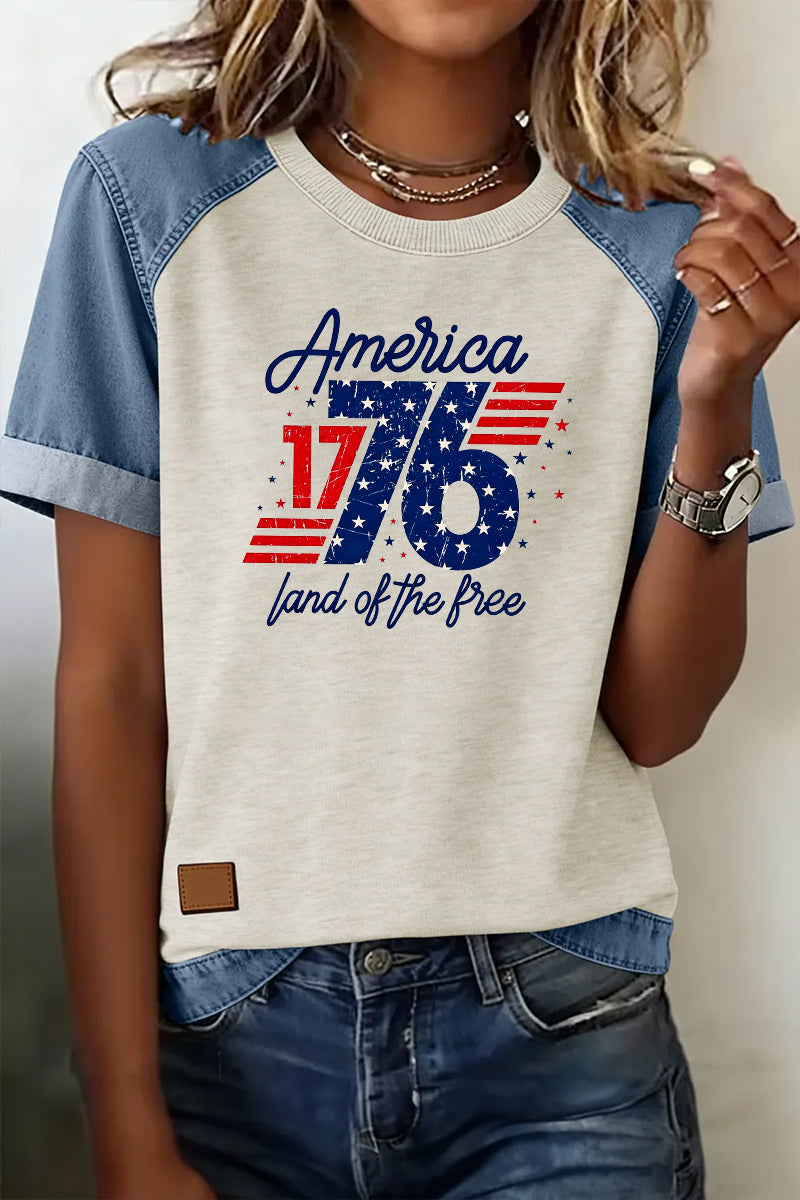 Patriotic Graphic Tee Denim Patchwork America 1776 Top