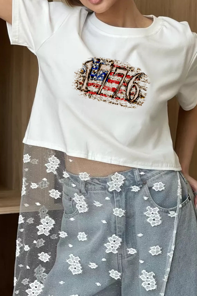 Vintage Patriotic Graphic Tee Lace Patchwork Top