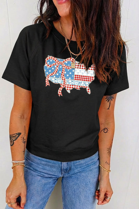 4th of July USA Map Bow Patriotic Graphic Tee