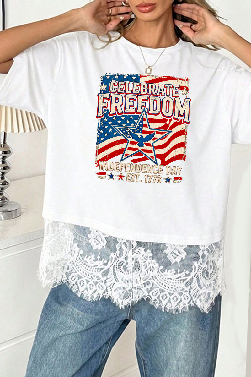 USA Flag Graphic Tee Lace Trim Patriotic 1776 Summer
