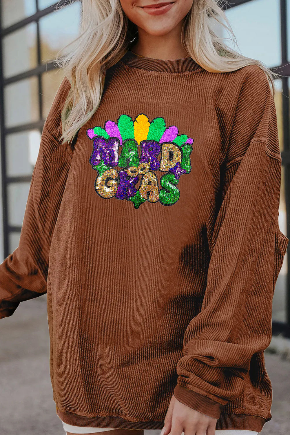 Mardi Gras Beaded Sequin Graphic Corded Sweatshirt