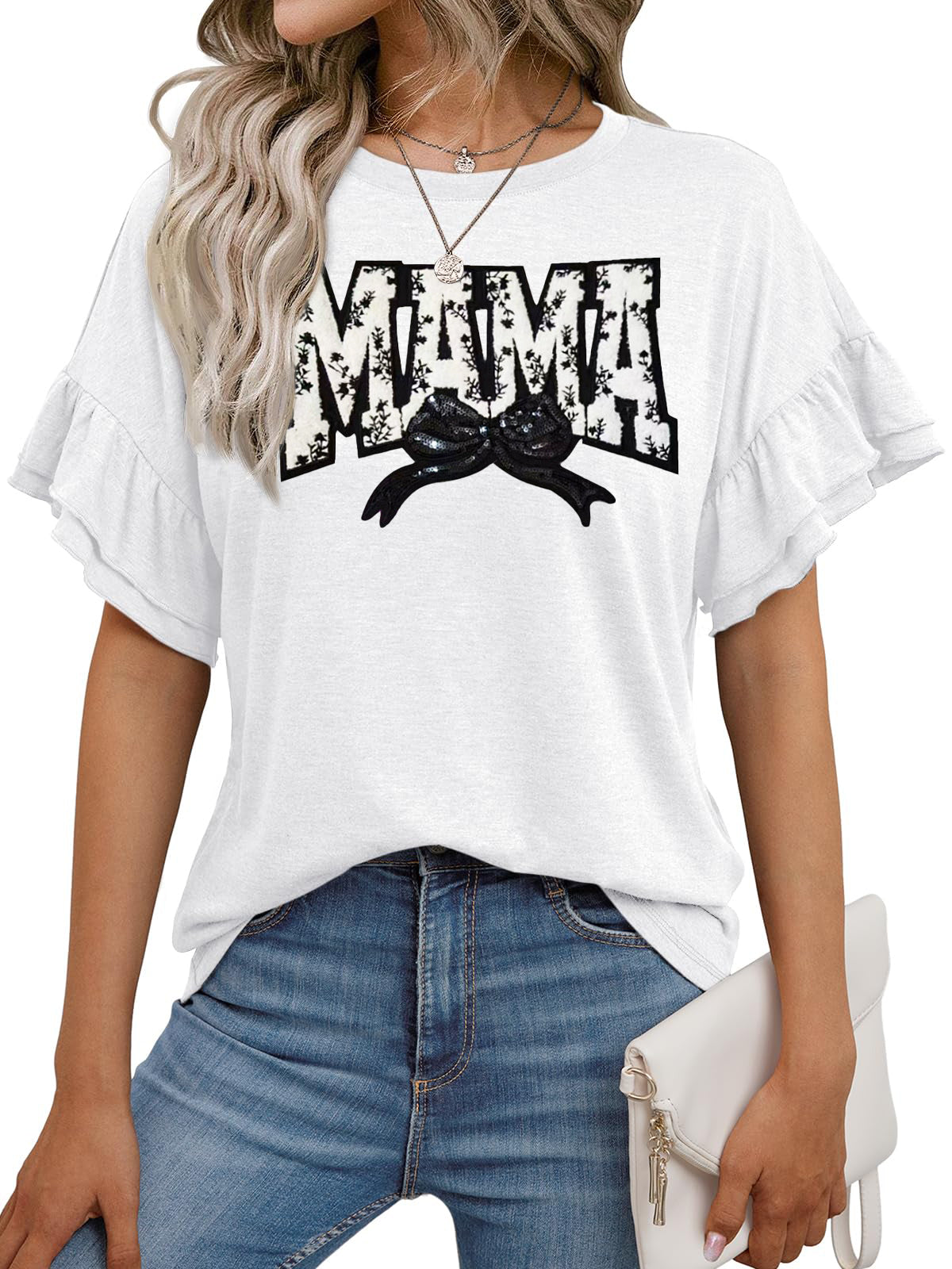 Mother Day MAMA Bow Ruffle Sleeve Tee Women