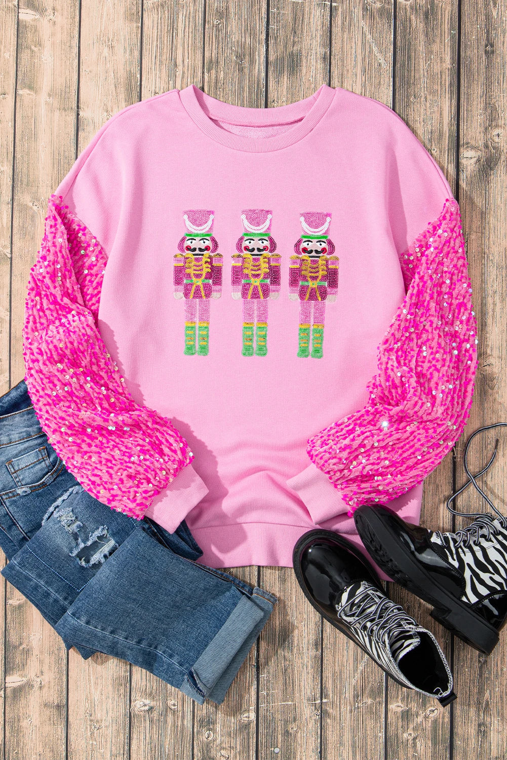 Pink Christmas Nutcracker Graphic Sequin Sleeve Sweatshirt