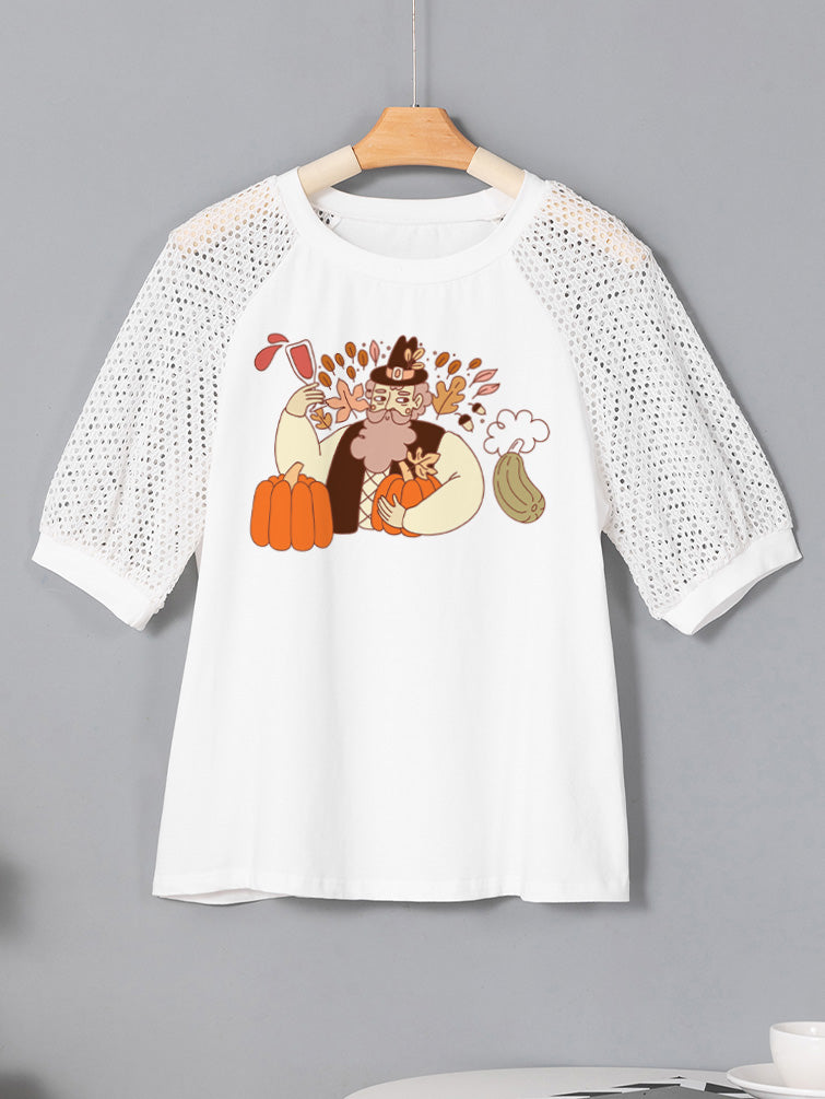 Thanksgiving Pilgrim Pumpkin Graphic Crochet Sleeve Tee