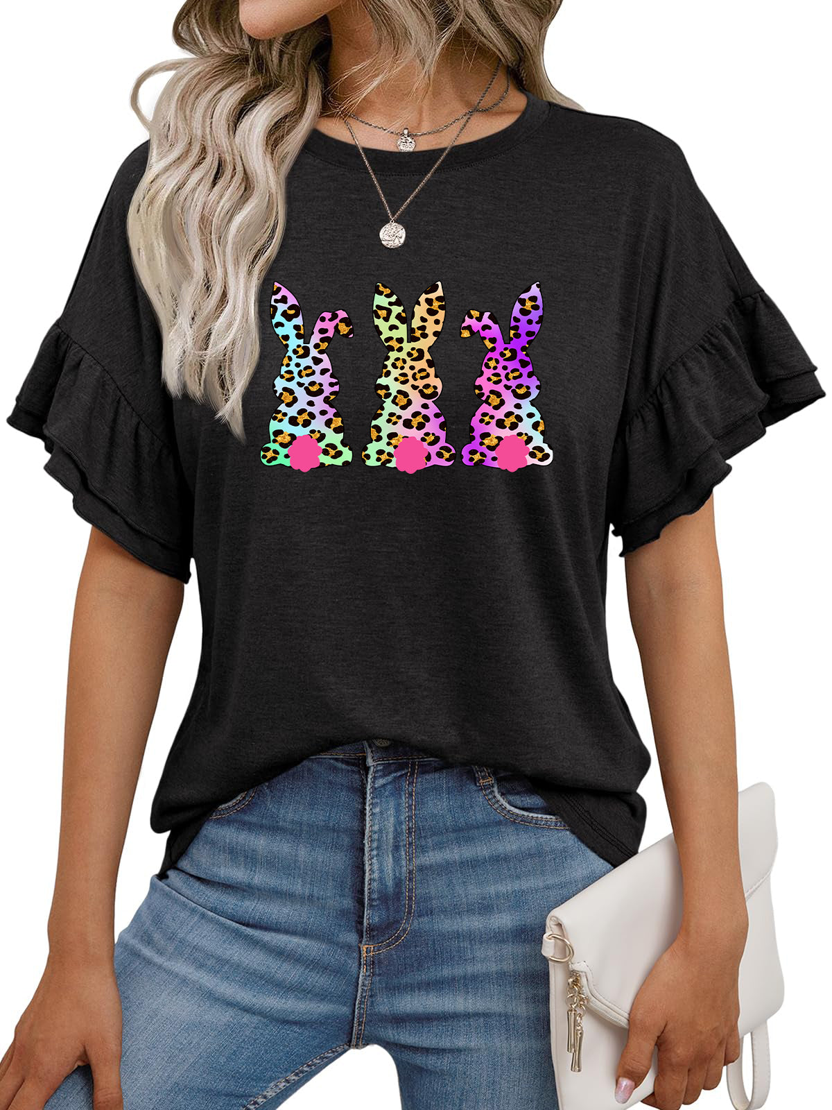 Easter Floral Bunny Graphic Ruffle Sleeve T Shirt