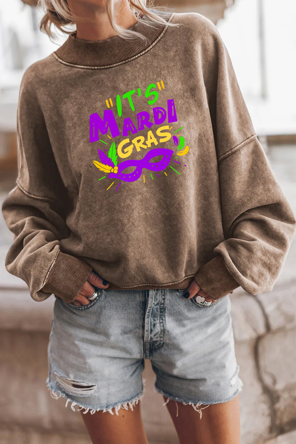 Mardi Gras Graphic Sweatshirt Mask Print Crewneck