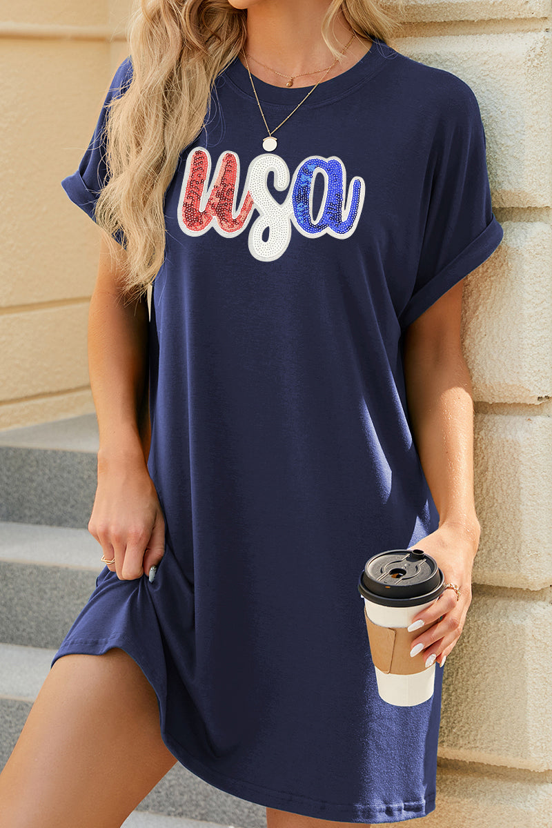 USA Graphic Pocket T Shirt Dress Casual Loose Fit