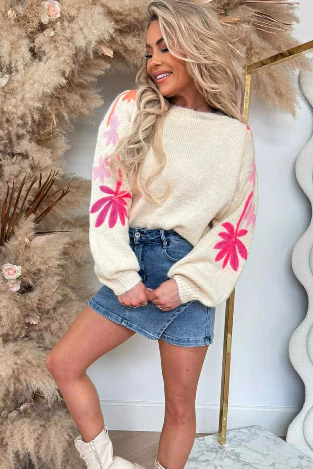 Simply Taupe Embroidered Floral Sleeve Round Neck Loose Sweater