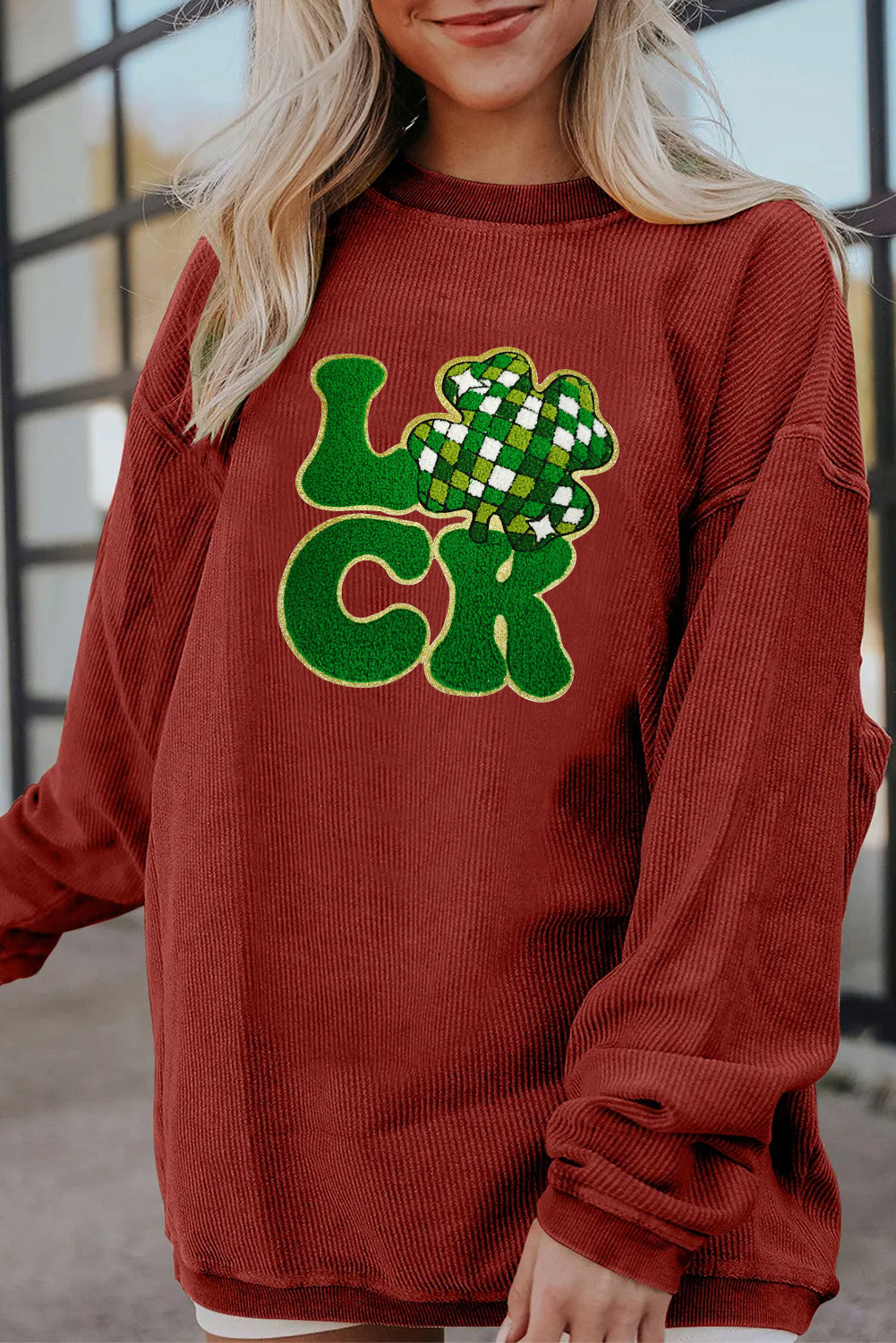 Saint Patrick’s Day LUCK Clover Graphic Corded Sweatshirt