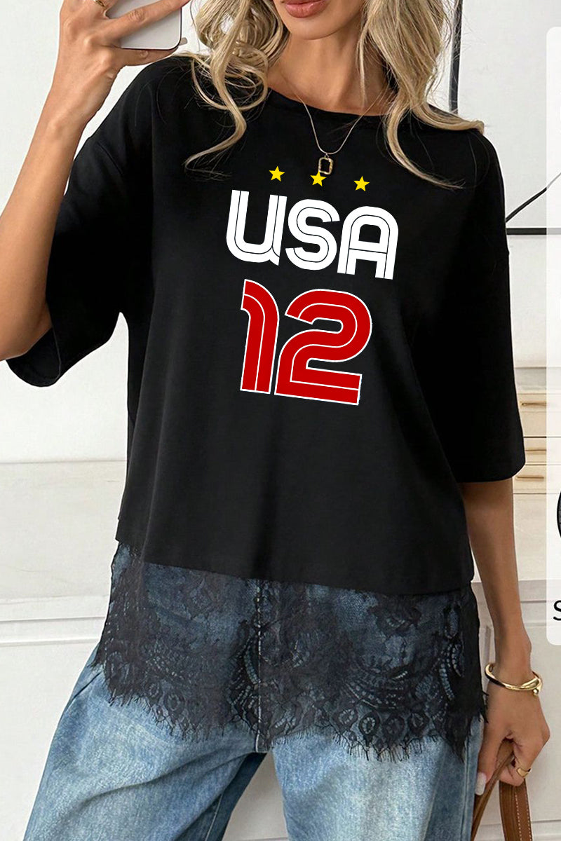 USA 12 Graphic Lace Hem Oversized World Cup T Shirt