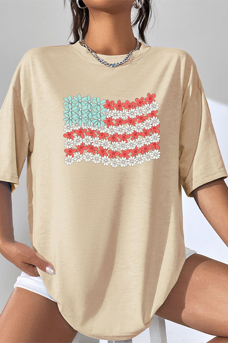 Floral Flag Graphic Tee Oversized Casual