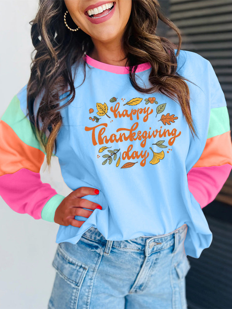 Happy Thanksgiving Day Color Block Long Sleeve Tee