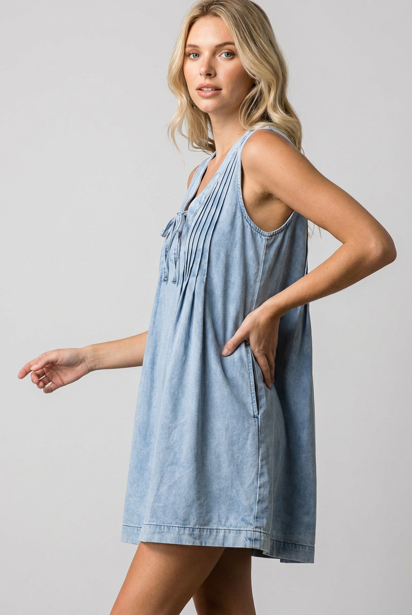Washed Denim V Neck Mini Dress with Pockets