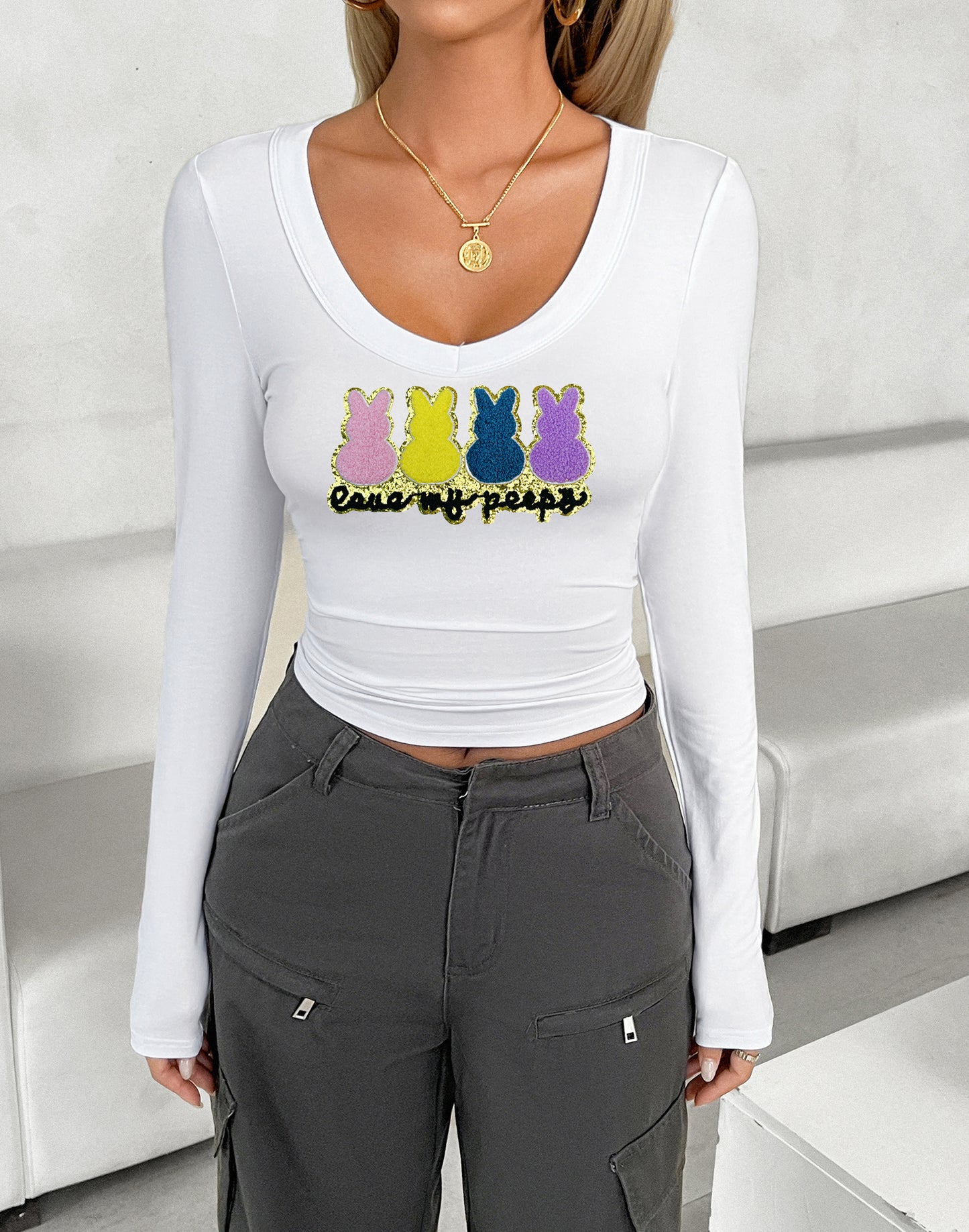 Easter Bunny Graphic U Neck Long Sleeve Fitted Top