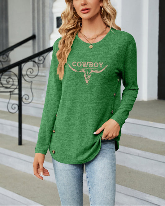 Western Cowboy Bull Graphic Long Sleeve Top