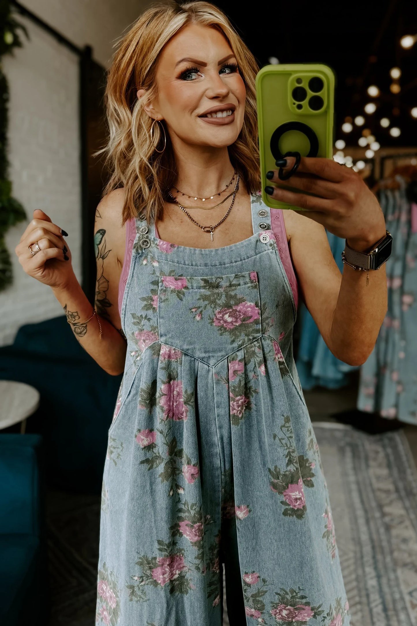 Beau Floral Print Pleated High Waist Wide Leg Denim Jumpsuit
