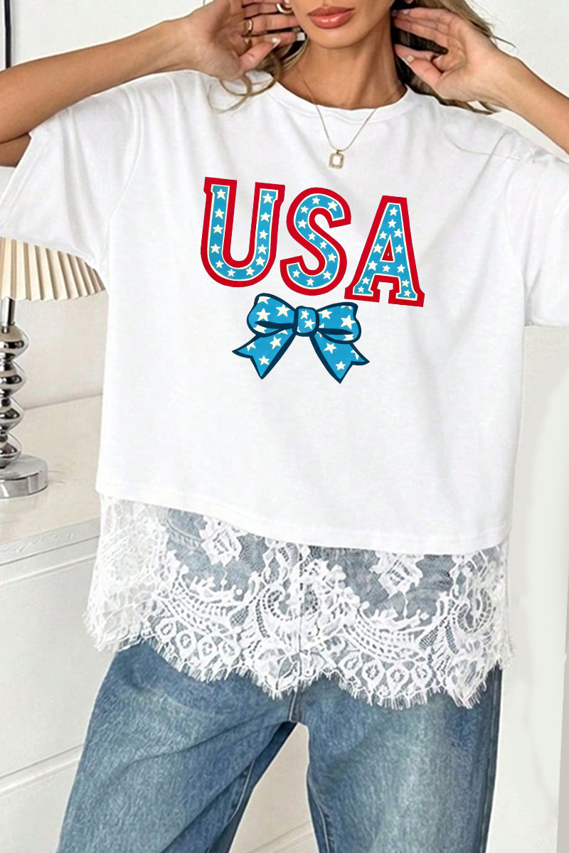 USA Graphic Lightweight Tee with Lace Hem Holiday