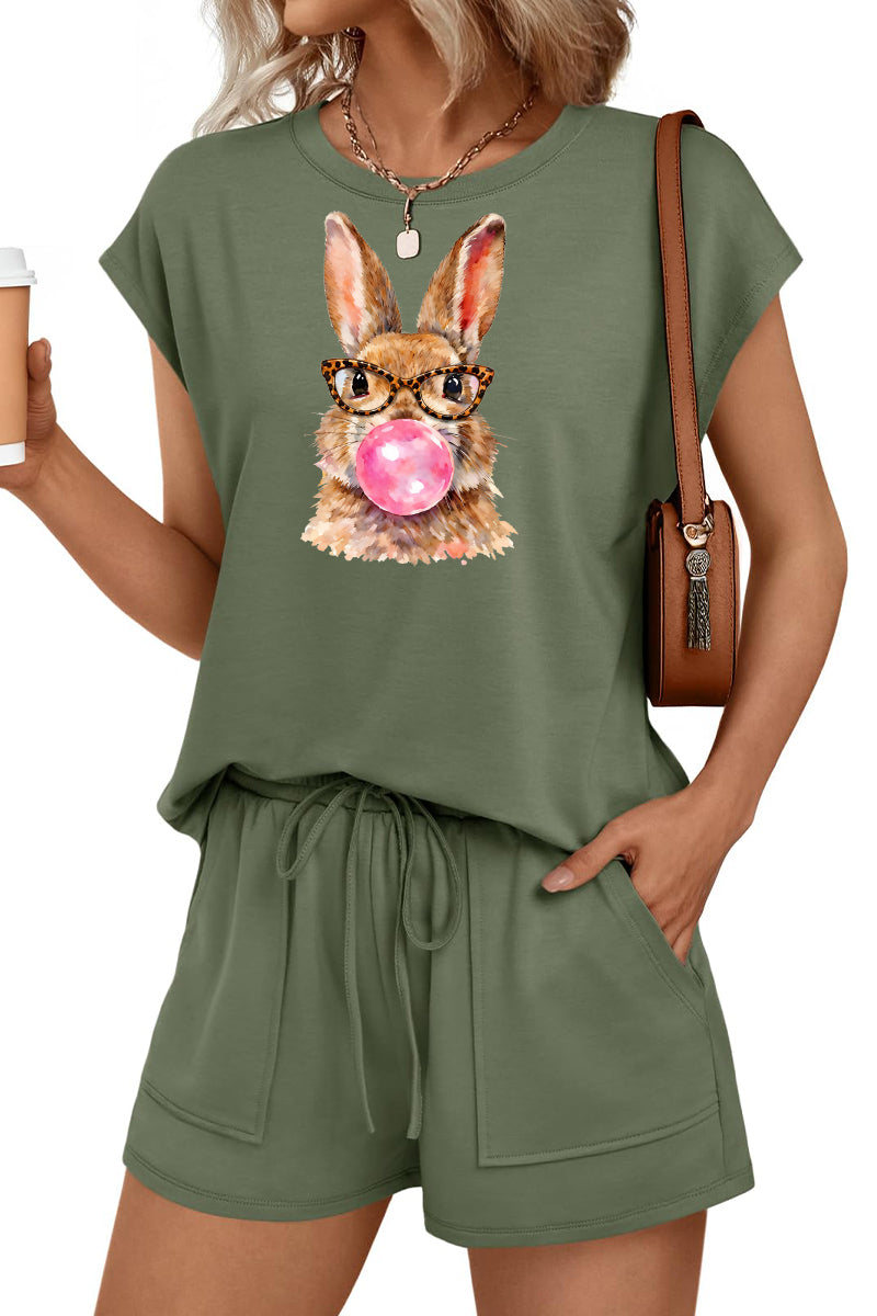 Easter Bunny Graphic Two Piece Shorts Set Women Spring