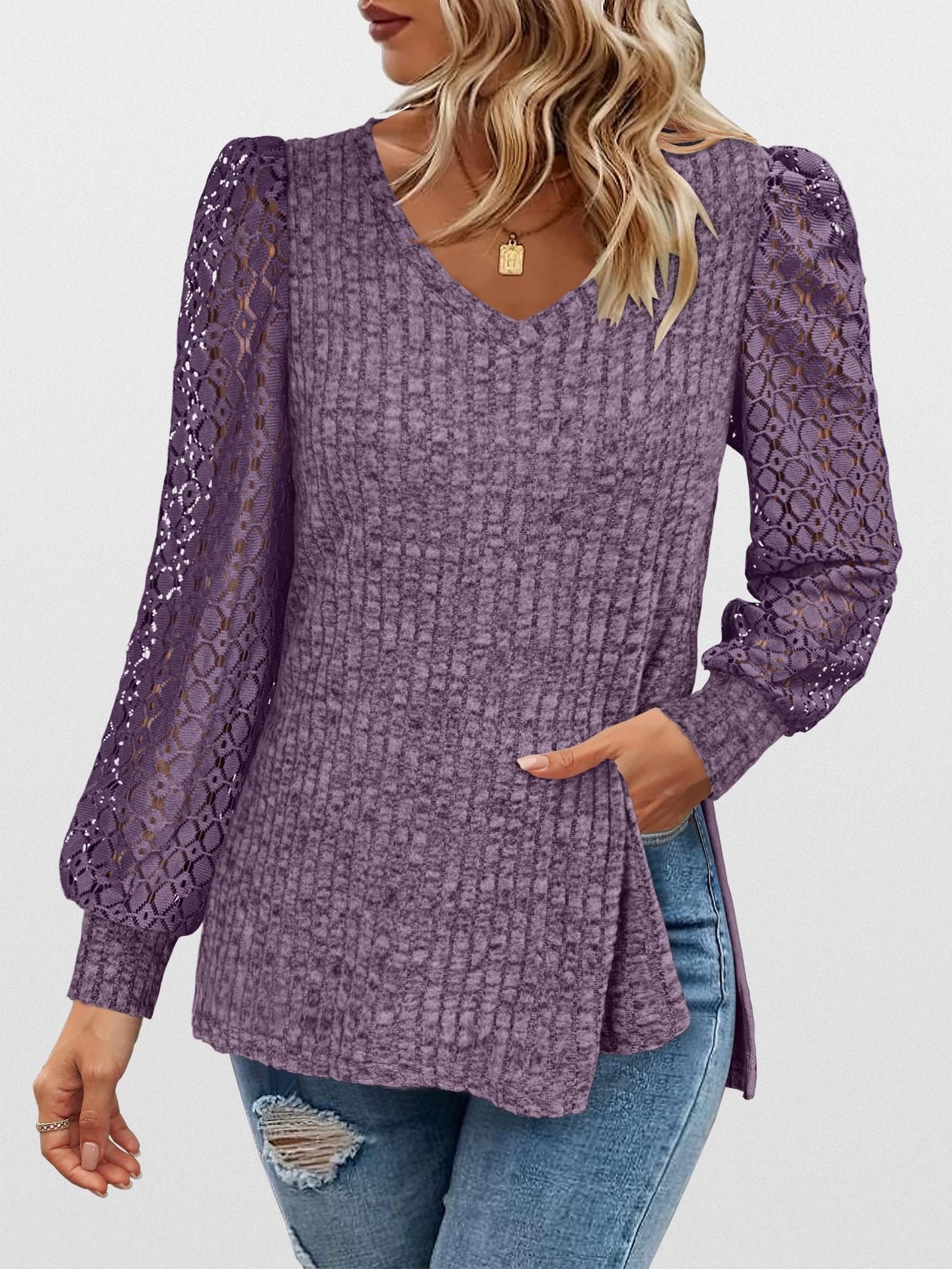 V-Neck Knit Top with Lace Puff Long Sleeves